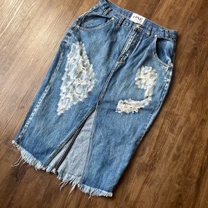 Ripped denim midi pencil skirt